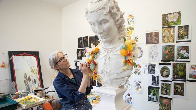 Rebecca Stevenson working in her studio on her sculptures 'Inspired by nature: Mary, Maria, Marianne'
